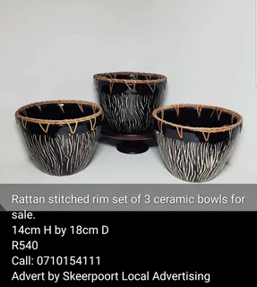 Rattan stitched rim ceramic bowls for sale