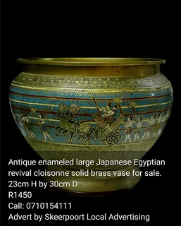 Antique enameled large Japanese Egypian revival cloisonne solid brass vase for sale