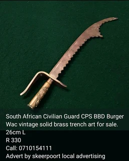 South African civilian guard CPS BBD  Burger wac trench art for sale.