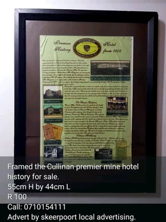 Framed the Cullinan premier mine hotel history for sale.