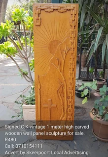 Signed C.K vintage 1m high carved wooden wall panel sculpture for sale.
