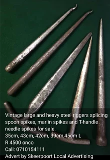 Vintage large and heavy steel riggers splicing spikes for sale.