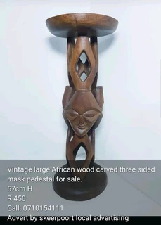 Vintage large African wood carved 3 sided mask pedestal for sale