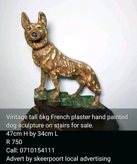 Vintage tall 6kg French plaster hand painted dog sculpture for sale