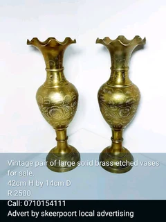 Vintage pair of large solid brass etched vases for sale