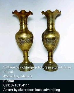 Vintage pair of large solid brass etched vases for sale