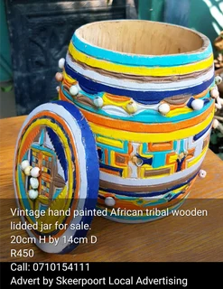Vintage hand painted African tribal wooden lidded jar for sale