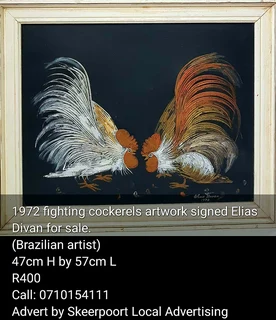 1972 fighting cockerels artwork signed Elias Divan for sale