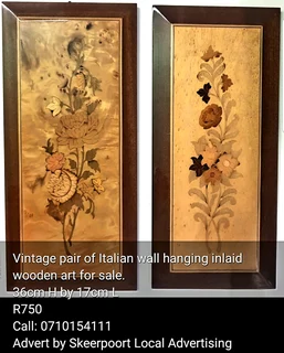 Vintage pair of Italian wall hanging inlaid wooden art for sale