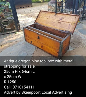 Antique oregon pine tool box with metal strapping for sale.