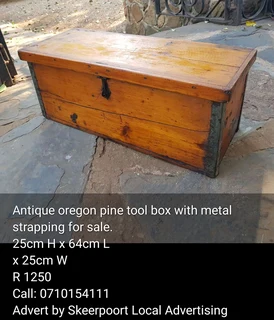Antique oregon pine tool box with metal strapping for sale.