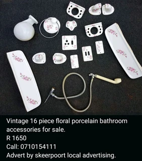 Vintage 16 piece floral porcelain bathroom accessories for sale.