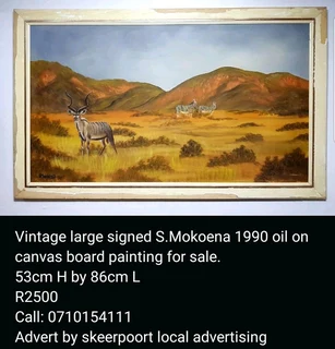 Vintage large signed S.Mokoena 1990 oil on canvas board painting for sale