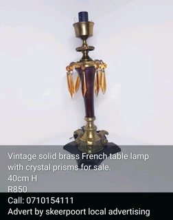 Vintage solid brass French table lamp with crystal prisms for sale
