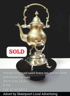 Antique engraved solid brass tea pot on stand for sale