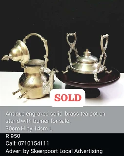 Antique engraved solid brass tea pot on stand for sale