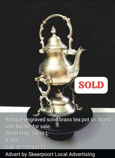 Antique engraved solid brass tea pot on stand for sale