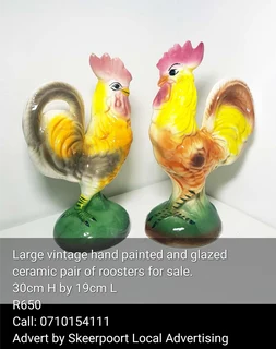 Large vintage hand painted and glazed pair of roosters for sale