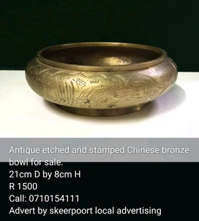 Antique etched and stamped Chinese bronze bowl for sale.