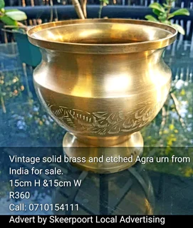 Vintage solid brass and etched  Agra urn from India for sale.