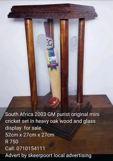 South Africa 2003 GM purist original cricket set in heavy oak wood and glass display for sale.