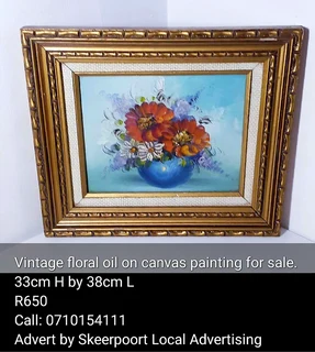 Vintage floral oil on canvas painting for sale.