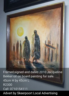 Framed,signed and dated 2010 Jacqueline Bekker oil borad painting for sale.