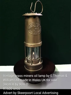 Vintage brass miners oil lamp by E.Thomas and William for sale