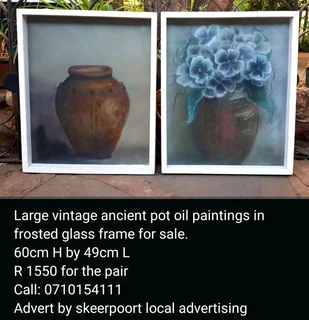 Large vintage ancient pot oil paintings in frosted glass frame for sale