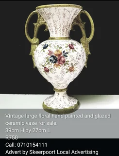 Vintage large floral hand painted and glazed ceramic vase for sale.