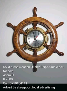 Solid brass wooden quartz ship's time clock for sale.