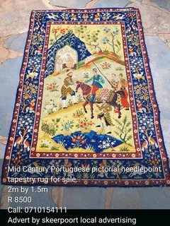 Mid century pictorial portuguese needlepoint tapestry rug for sale