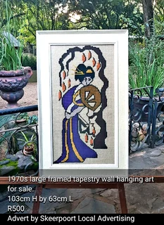 1970s vintage large framed hand made tapestry wall art for sale.