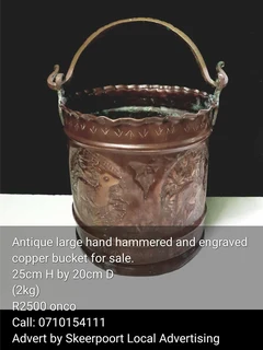 Antique hand hammered and engraved copper bucket for sale