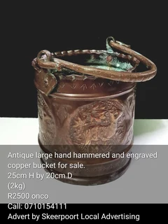 Antique hand hammered and engraved copper bucket for sale