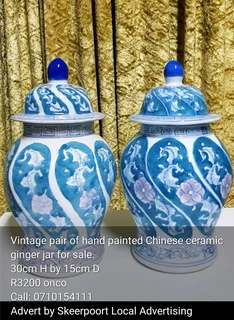 Vintage pair of hand painted Chinese ceramic ginger jars for sale.
