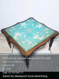 Mid century wooden vanity stool for sale.