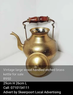 Vintage large wood handled etched brass kettle for sale
