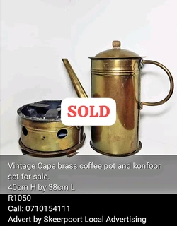 Vintage Cape brass coffee pot and konfoor set for
