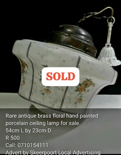 Rare antique brass floral hand painted porcelain ceiling lamp for sale