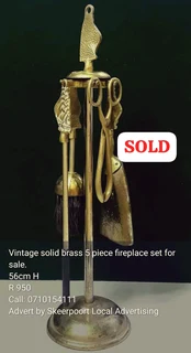Vintage solid brass 5 piece fireplace set for sale