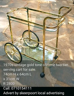 1970s vintage gold tone chrome two tier serving cart for sale