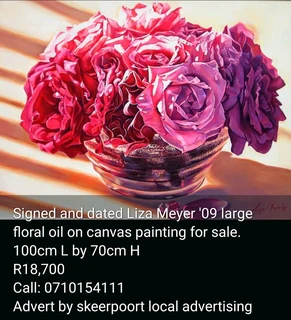 Signed and dated Liza Meyer '09 large floral oil on canvas painting for sale. 100cm L by 70cm