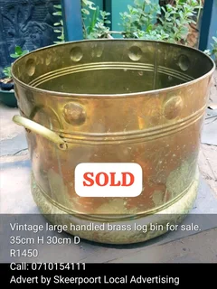 Vintage large handled brass log bin for sale