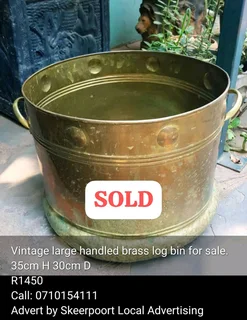 Vintage large handled brass log bin for sale