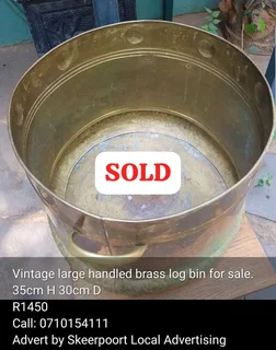 Vintage large handled brass log bin for sale