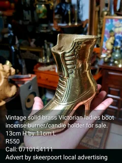 Vintage solid brass Victorian ladies boot incense burner/candle holder for sale