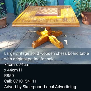 Large vintage solid wooden chess board table with original  patina for sale