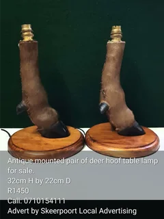 Antique pair of deer hoof table lamp for sale