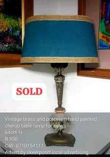 Vintage brass and porcelain hand painted cherub table lamp for sale